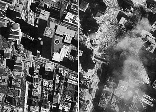 5──世界貿易センタービルの衛星写真、 6月30日とテロ後の9月15日 出典＝『朝日新聞』（9月17日）